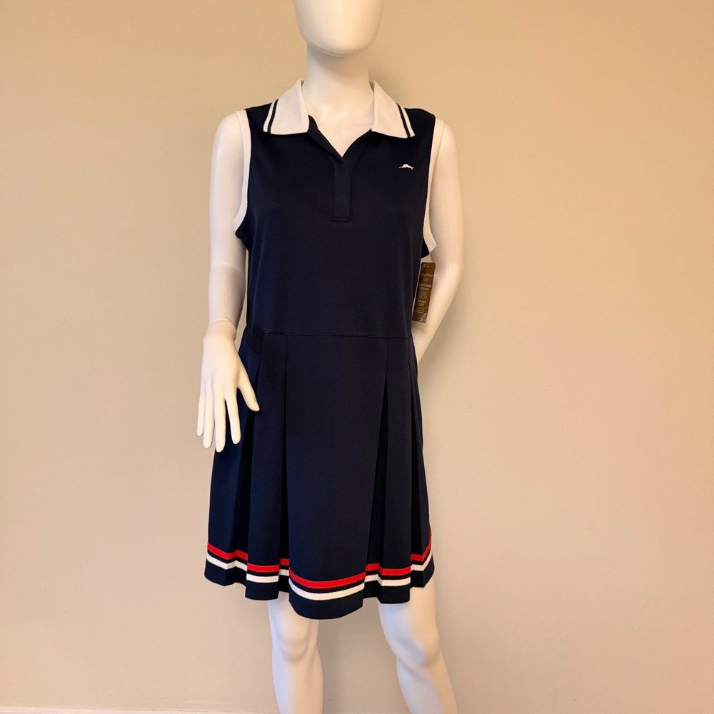 NWT Tommy Bahama Women's Navy Blue Active Pleated Polo Dress UPF 50 Size L
